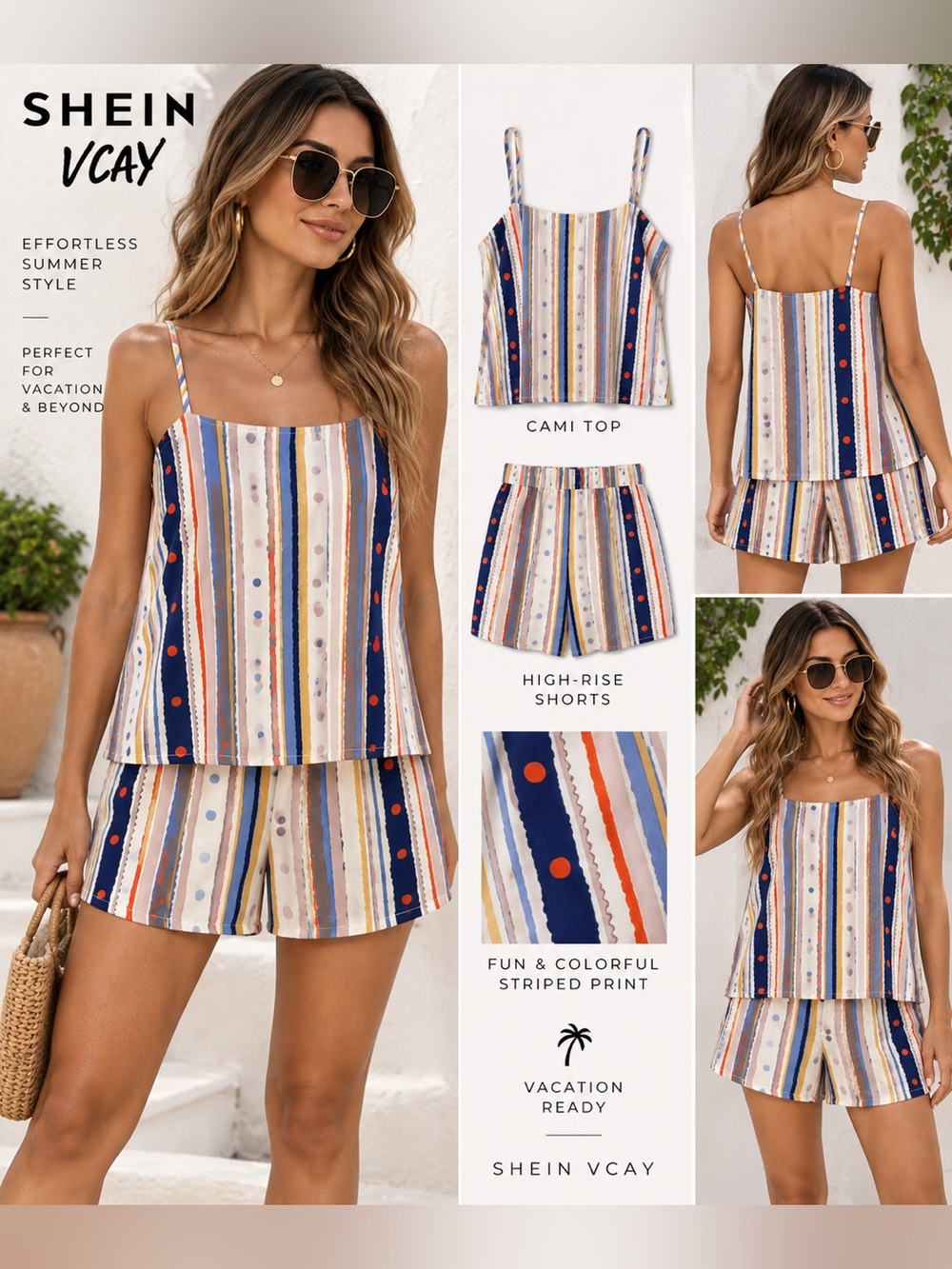 SHEIN Navy Multicolor Striped Cami & High-Rise Short Set